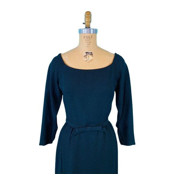 Vintage 1950s Black Cocktail Dress Off The Shoulder Bow Belt Sheath | W 26" - Picture 4 of 10